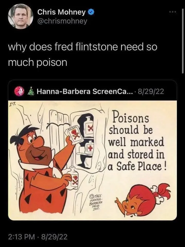 A cartoon image shows Fred Flintstone holding a bottle labeled with a skull and crossbones, looking pleased, while a child…