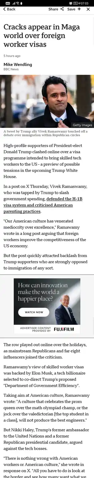 This image is a screenshot of a BBC News article titled 'Cracks appear in Maga world over foreign worker visas' by Mike…