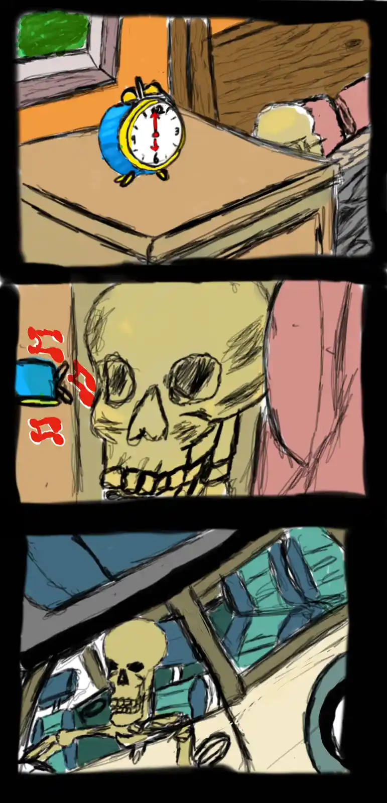 A three-panel comic strip shows a blue alarm clock on a nightstand at 6:00, then a skull waking up with red 'ZZZ' text…