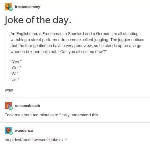 A screenshot of a Reddit post titled 'Joke of the day.' The joke features an Englishman, Frenchman, Spaniard, and German…