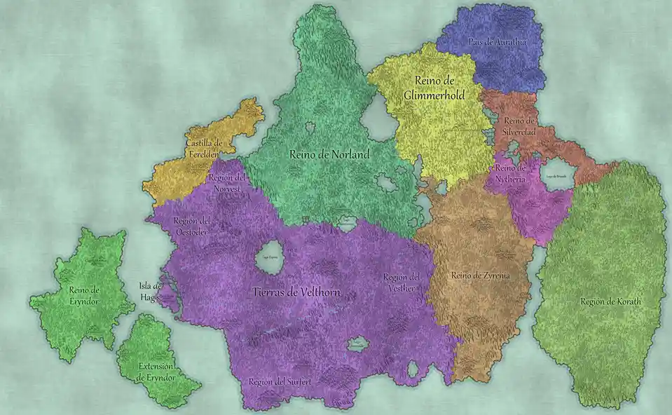 A fantasy map showing various kingdoms and regions with Spanish names like 'Reino de Norland' and 'Reino de Glimmerhold'…