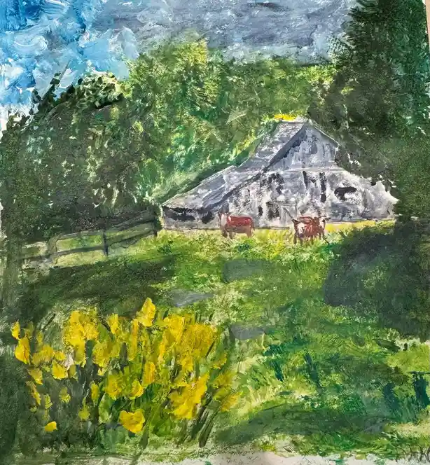 A watercolor painting depicts a rustic farm scene with a weathered barn, green trees, and yellow wildflowers in the…