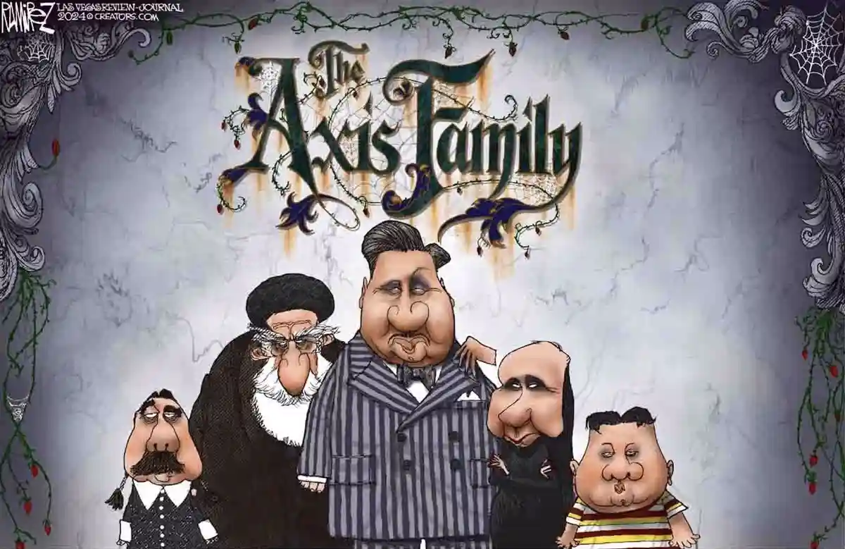 A cartoon illustration shows five grotesque, caricatured figures posed like a family portrait under the ornate title 'The…