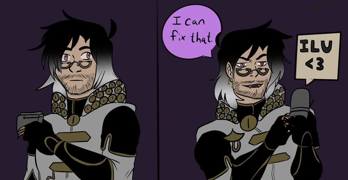 A two-panel comic shows a character in armor holding a broken device. In the first panel, they look concerned. In the…