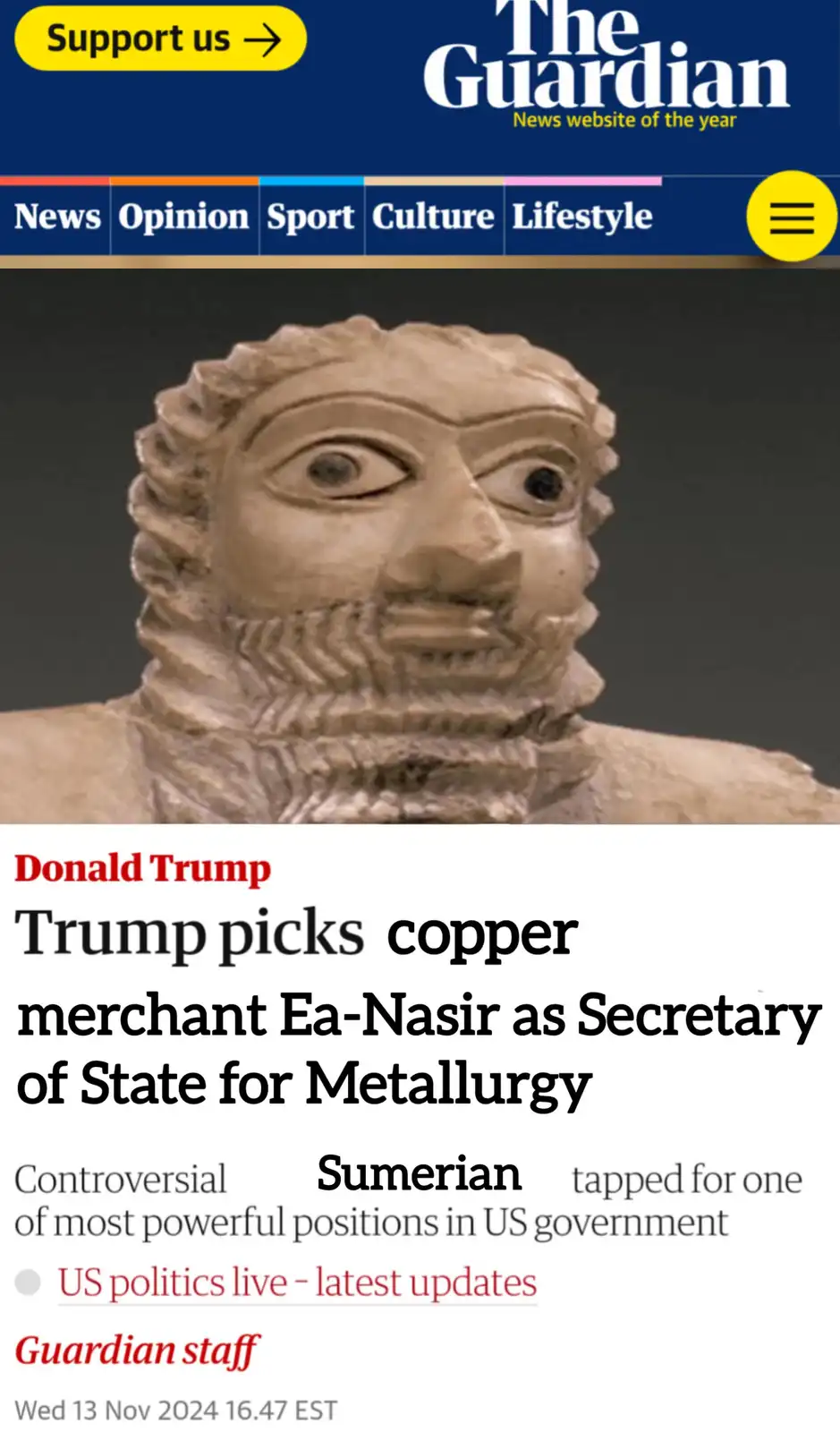 The image displays a screenshot of a fictional The Guardian news article. The headline reads 'Trump picks copper merchant…
