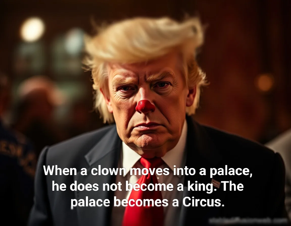 A digitally altered image of Donald Trump with a red clown nose, wearing a dark suit and red tie, looking sternly at the…