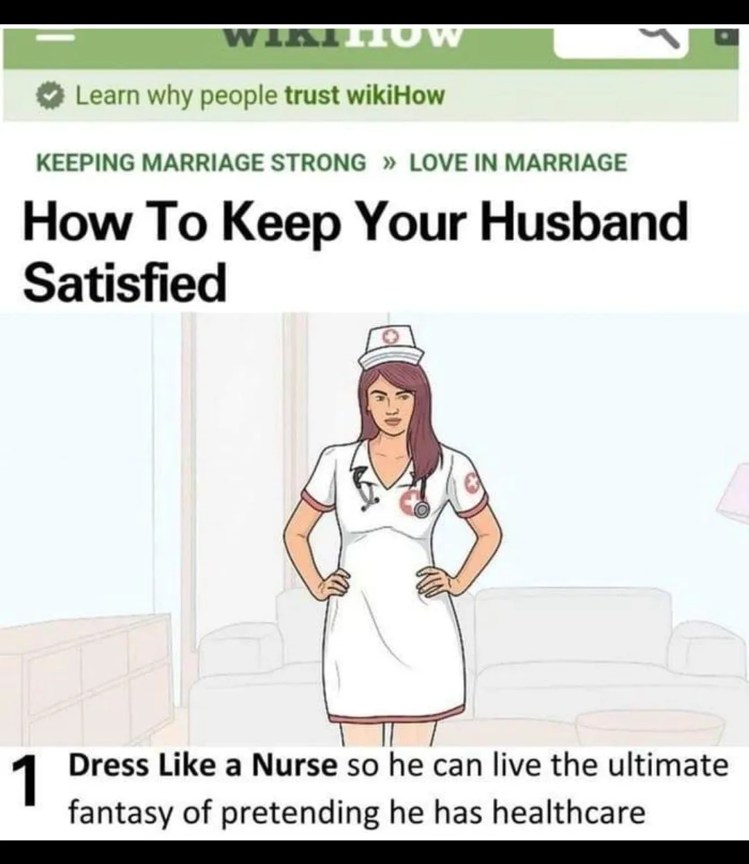 The image shows a screenshot of a wikiHow article titled 'How To Keep Your Husband Satisfied'. The article's first tip…
