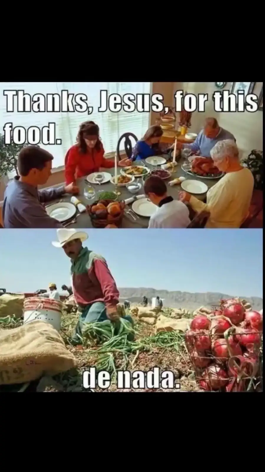 The top panel shows a family gathered around a dining table laden with food, with text overlaid saying 'Thanks, Jesus, for…