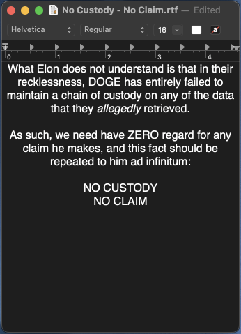 A screenshot of a dark-themed text document titled 'No Custody - No Claim.rtf' open in a text editor, displaying a passage…