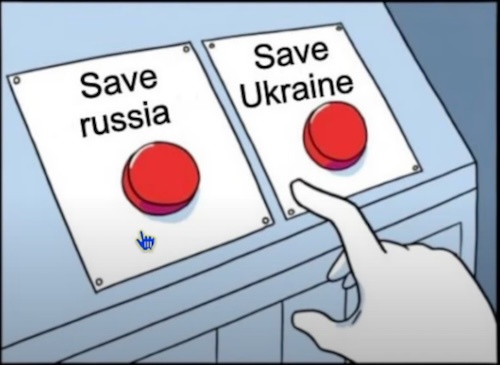 A cartoon image shows a hand hovering over a red button labeled 'Save Ukraine', while a cursor icon points at another red…