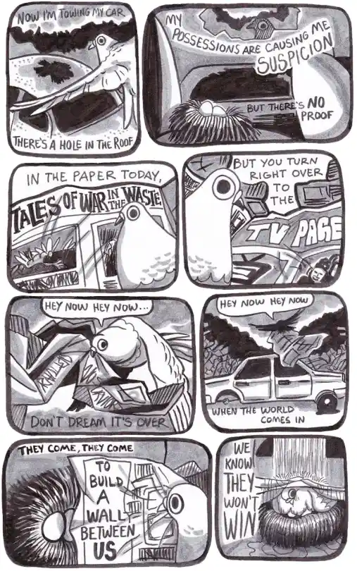 A black-and-white comic strip featuring a bird character experiencing a series of escalating absurd events, including towing…