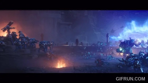 A sequence of six frames from a video game battle scene shows a large group of armored soldiers firing weapons at an enemy…