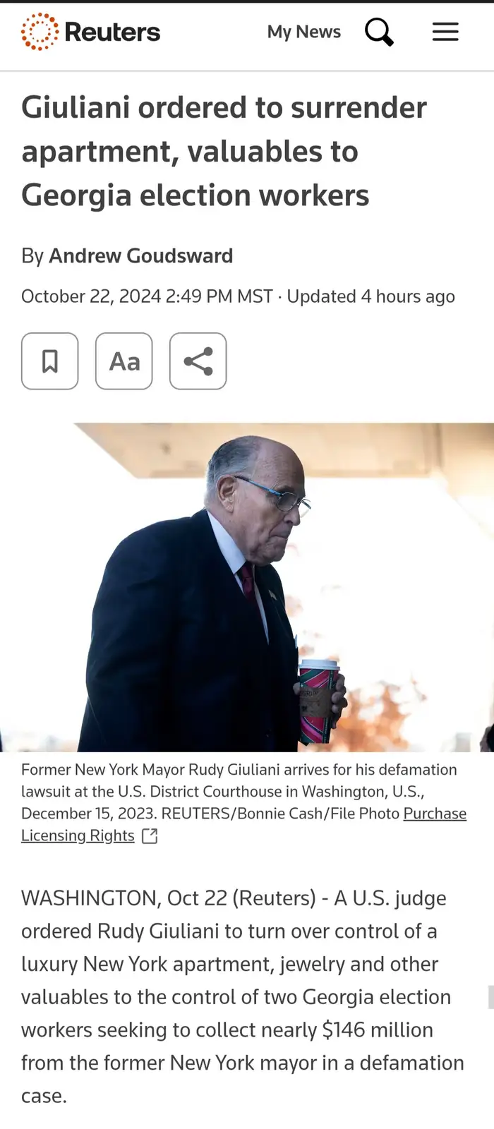 A screenshot of a Reuters news article from October 22, 2024, featuring a photo of Rudy Giuliani in a dark suit holding a…