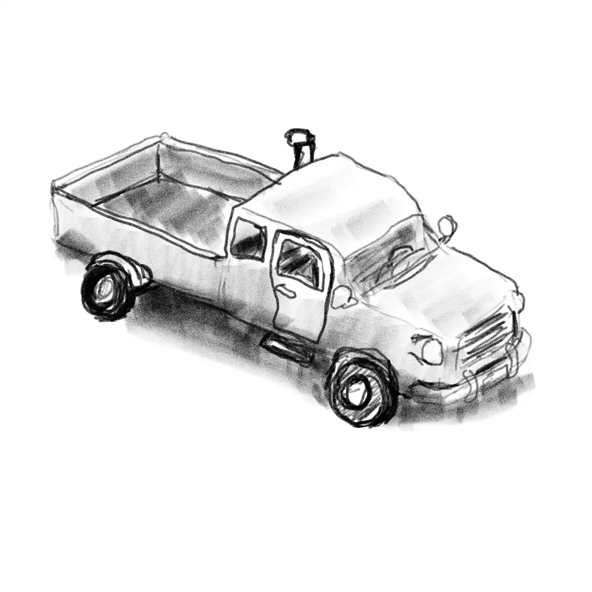A black-and-white sketch of a pickup truck with a large, empty cargo bed. The overlaid text reads 'i'm not a truck, i'm a…