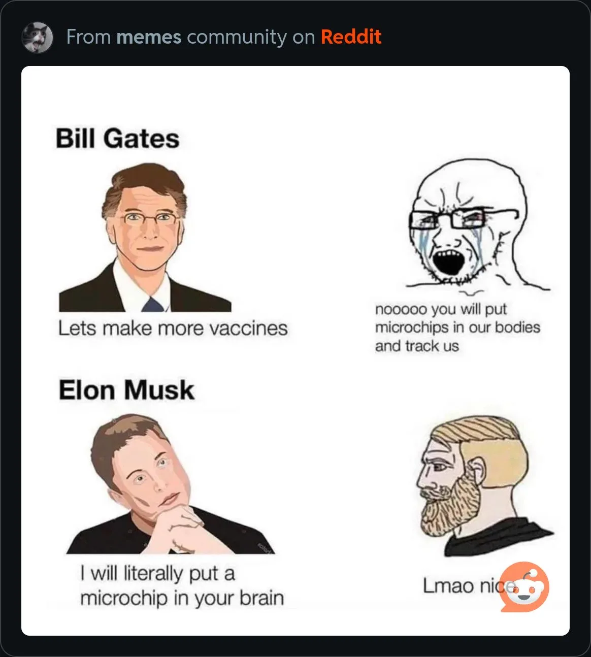 The image is a two-panel meme comparing reactions to Bill Gates and Elon Musk. The top panel shows a portrait of Bill Gates…