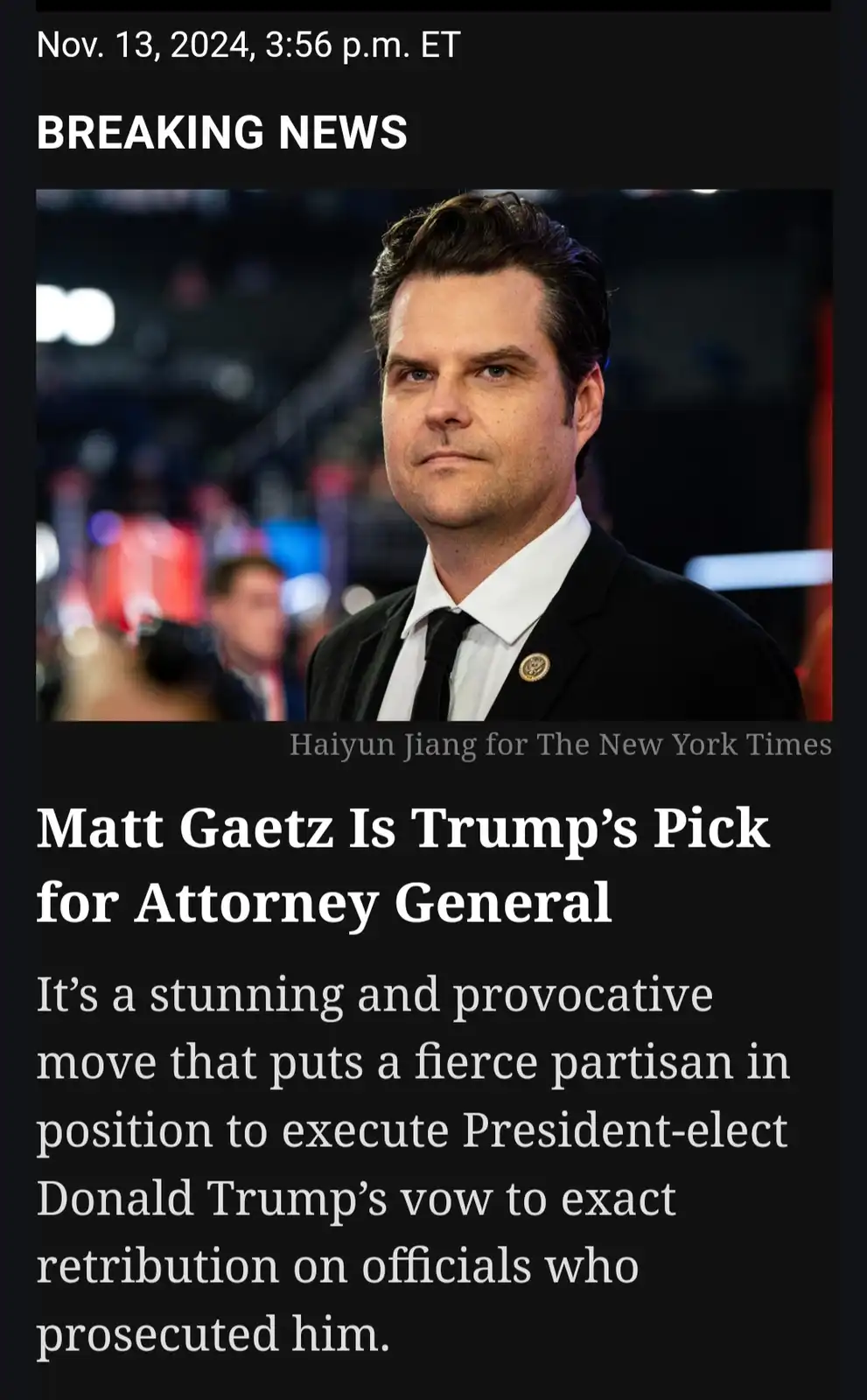 The image displays a screenshot of a news article with a timestamp of 'Nov. 13, 2024, 3:56 p.m. ET' and a 'BREAKING NEWS'…