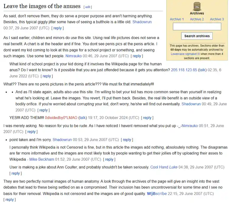 A screenshot of a Wikipedia talk page discussion from 2007 about whether to keep anatomical images of the anus on the page…
