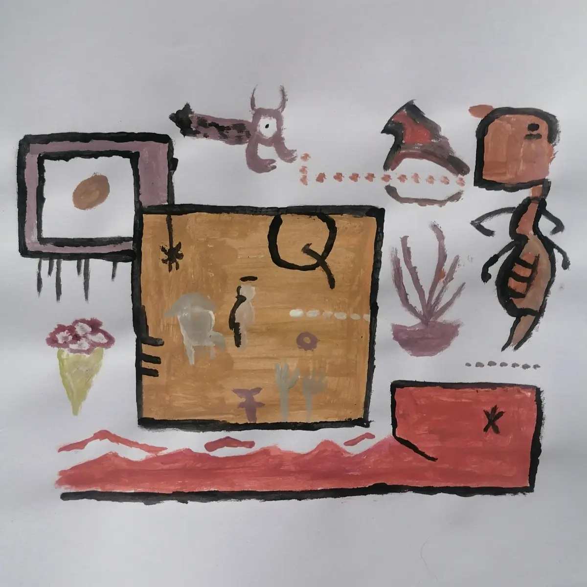 A childlike, abstract painting depicts a desert scene with stylized figures, including a large brown rectangle resembling a…