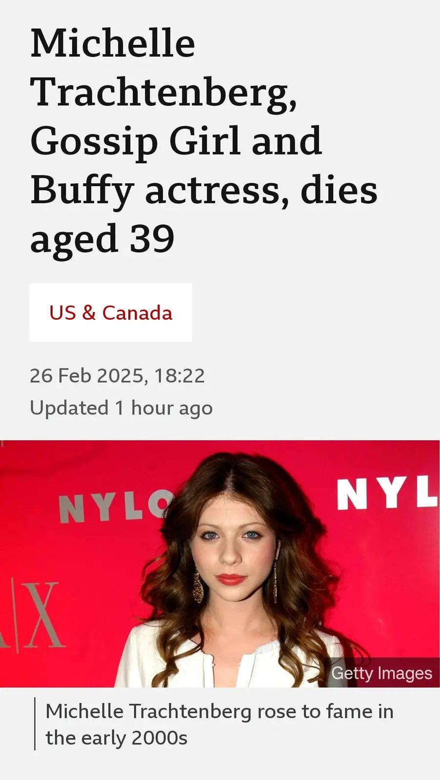 The image displays a fake news article layout with a photo of actress Michelle Trachtenberg against a red 'NYLON' backdrop…