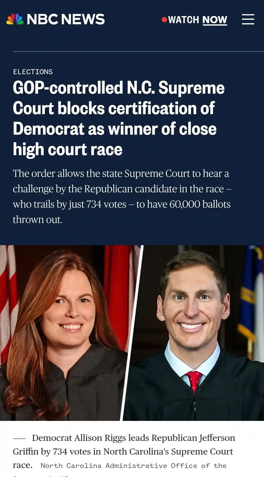 A screenshot of an NBC News article shows two smiling judicial candidates, a woman on the left and a man on the right, both…