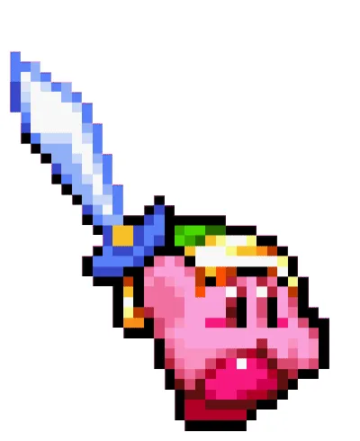 The image displays six pixelated frames of the video game character Kirby, each showing him with a sword stuck in his head…
