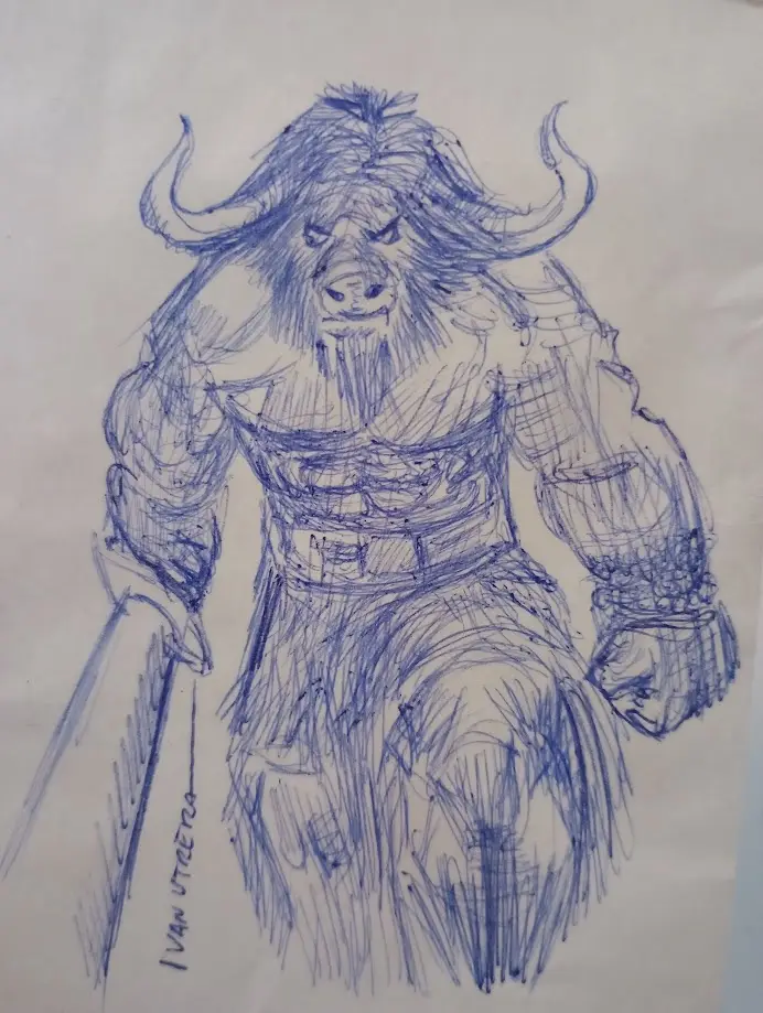 A blue ink sketch on paper depicts a muscular, horned, bull-headed humanoid figure with a fierce expression, wearing armor…