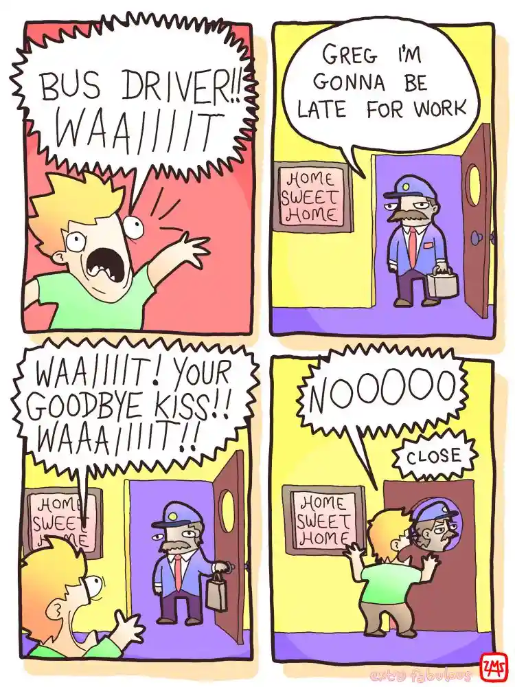 A four-panel comic strip shows a boy desperately trying to stop a bus driver from leaving. In the first panel, he shouts…