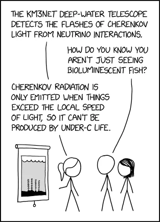 A black-and-white comic strip shows three stick figures looking at a screen displaying vertical light flashes underwater…