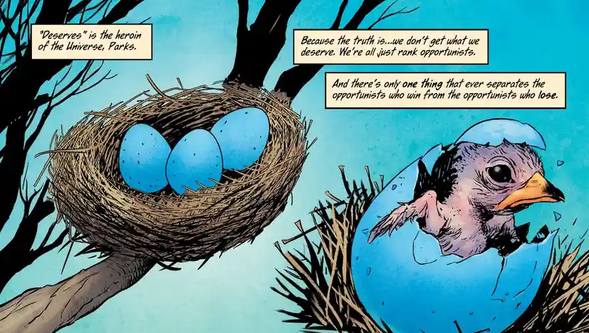 A comic panel shows a bird's nest with three blue eggs on the left and a single chick hatching from a broken blue egg on the…