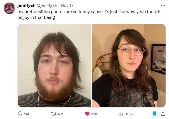 The image displays two side-by-side selfies of the same person: on the left, a man with a beard and messy hair, and on the…