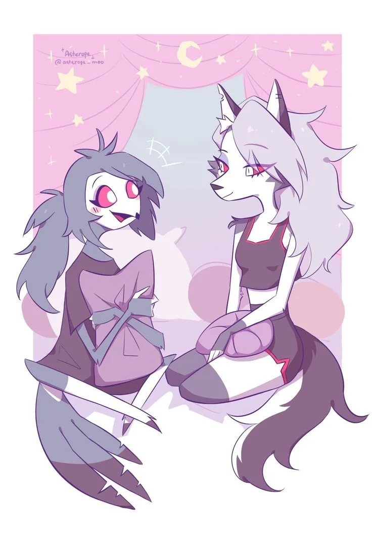 Two anime-style anthropomorphic characters sit facing each other in a pink, starry, moonlit setting. The character on the…