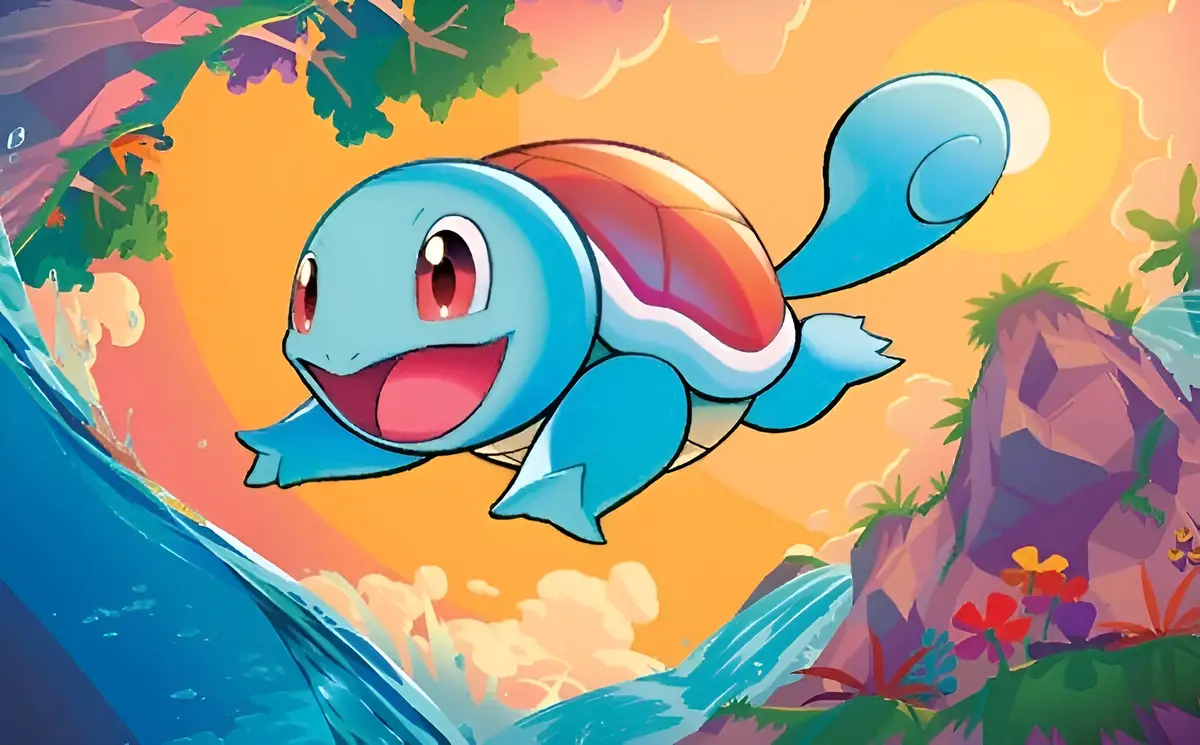 A cheerful, blue cartoon turtle-like creature with a red shell and wide eyes is leaping joyfully through a vibrant, colorful…