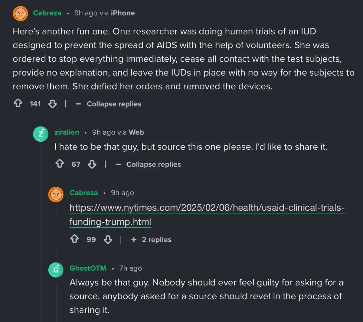 A screenshot of a Reddit thread where user 'Cabreza' posts a fabricated story about a researcher defying orders to remove…