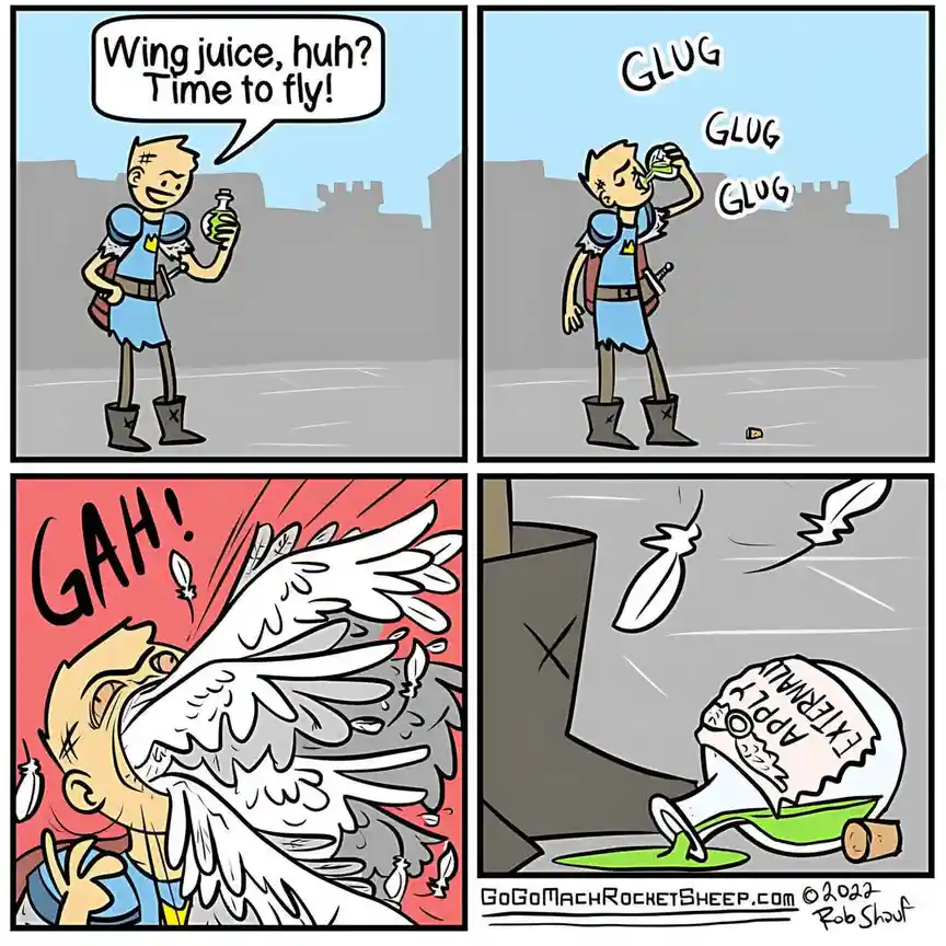 A four-panel comic shows a young adventurer excitedly drinking 'wing juice' from a bottle, expecting to fly. After gulping…