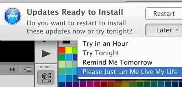 A macOS system update notification window asks the user to restart to install updates, offering options like 'Try in an…