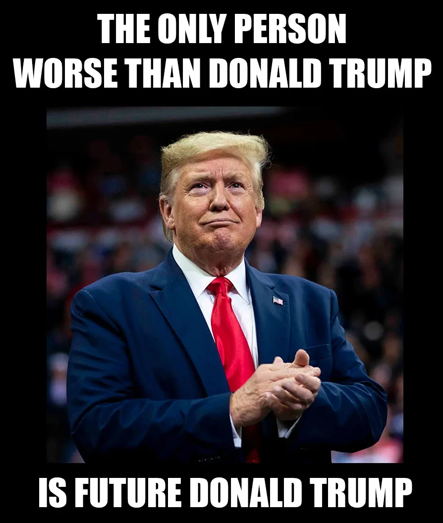 A photo of Donald Trump in a dark suit and red tie, clapping with a smug expression, overlaid with bold white text stating…