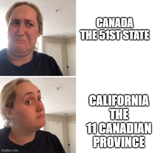 A two-panel meme featuring a woman with a disgusted face in the top panel labeled 'CANADA THE 51ST STATE' and a woman with a…
