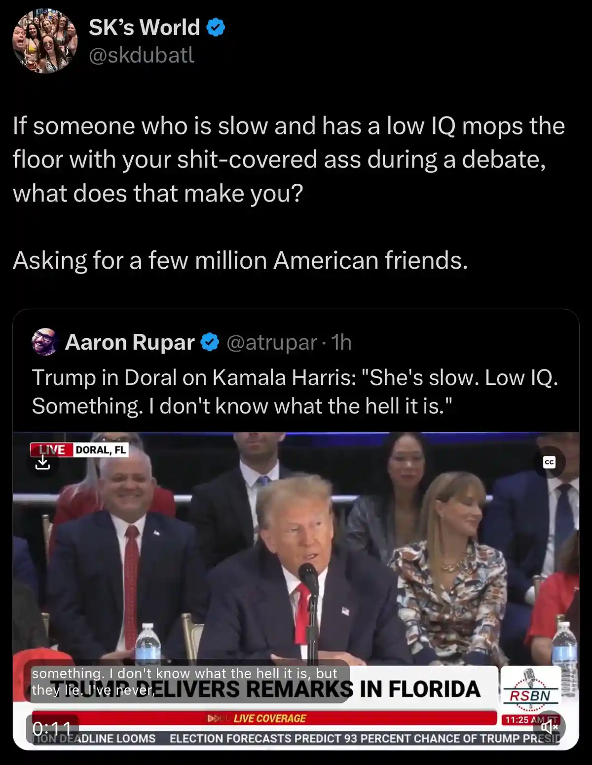 A screenshot of a Twitter post by 'SK's World' featuring a video clip of Donald Trump speaking at a press event in Doral…
