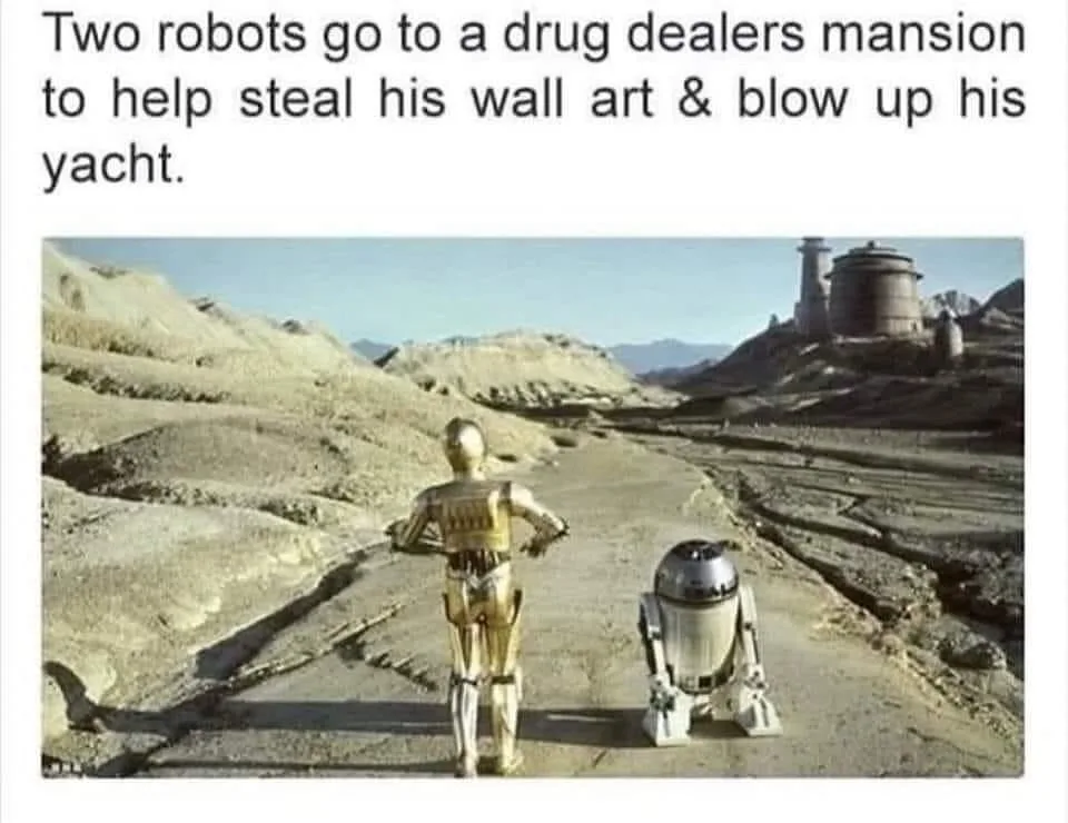 Two iconic Star Wars robots, C-3PO and R2-D2, are shown walking away from the camera down a dusty desert path toward a…