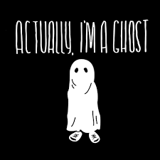 A simple black-and-white cartoon drawing of a ghost with two eyes and a small smile, standing on two feet with shoes. The…