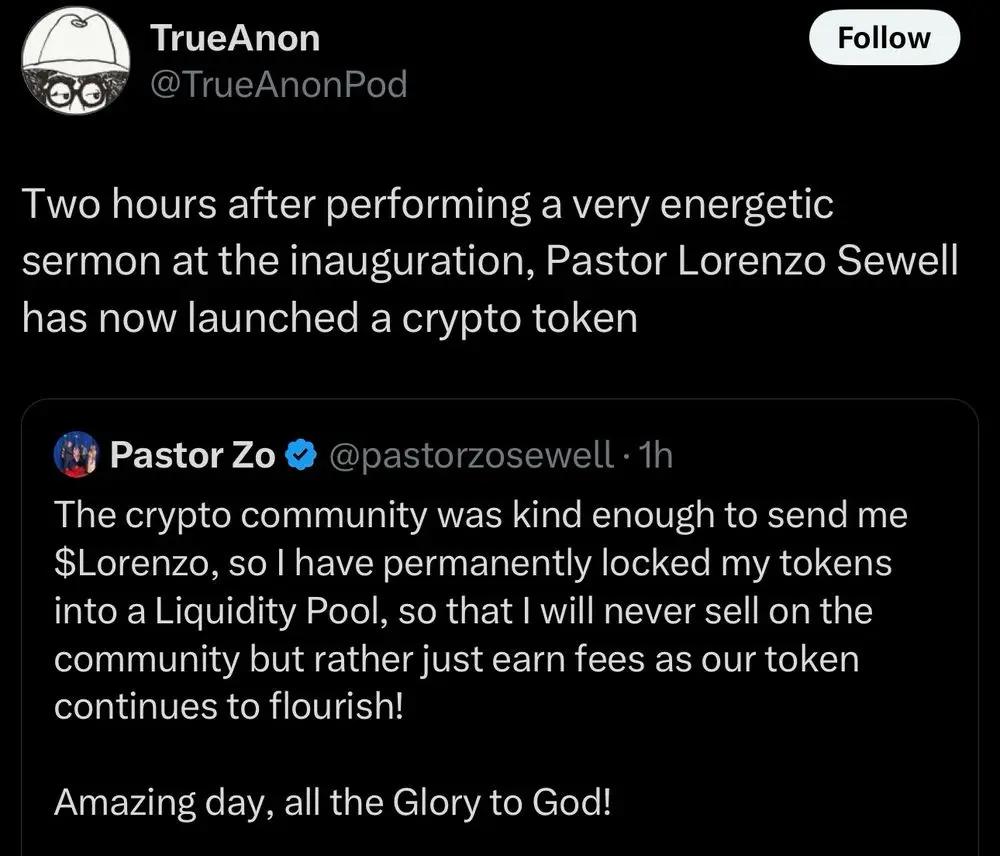 A screenshot of a Twitter thread shows a user named TrueAnon reporting that Pastor Lorenzo Sewell launched a crypto token…
