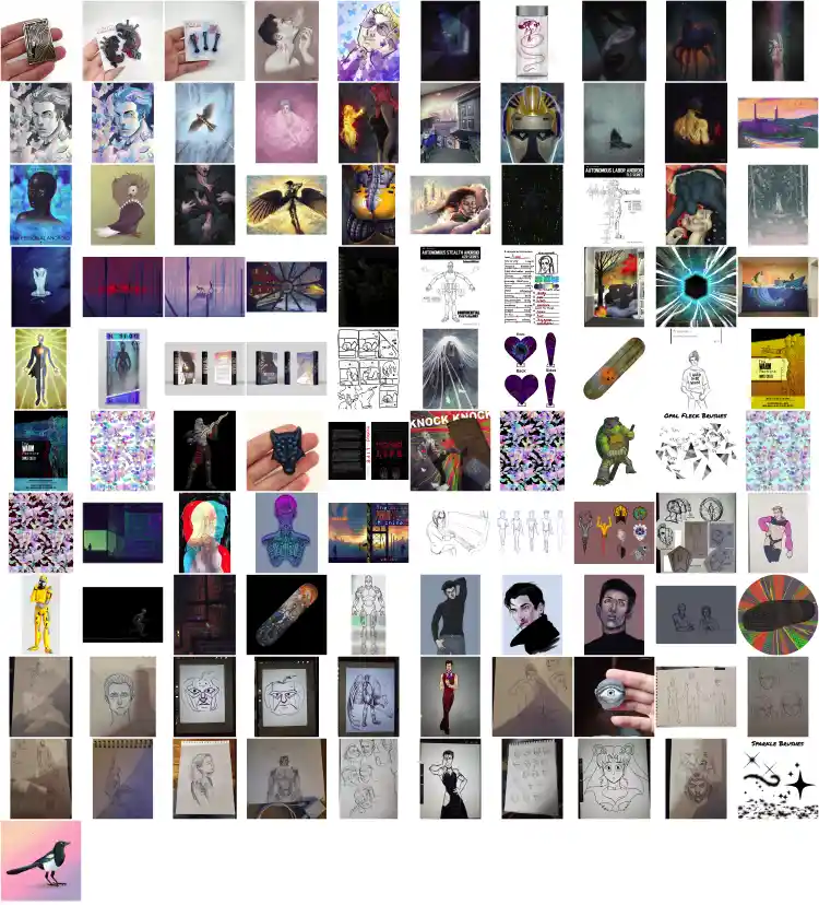 A grid of 60+ diverse digital artworks, sketches, and illustrations including portraits, surreal scenes, and character…