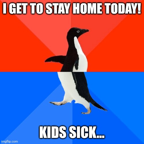 A penguin stands in the center of the image, split by a horizontal line, with a red background above and a blue background…