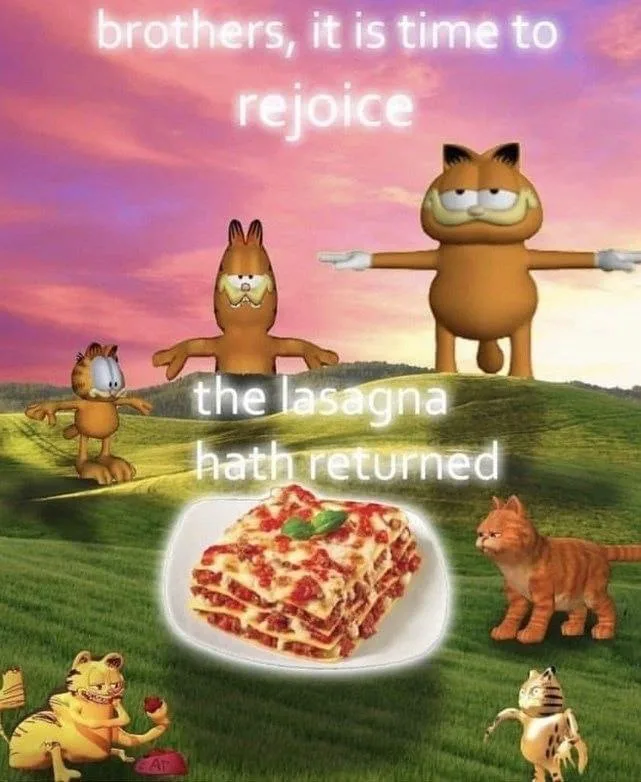 A surreal image features multiple Garfield characters and a real-life cat in a grassy field under a pink sky, celebrating…