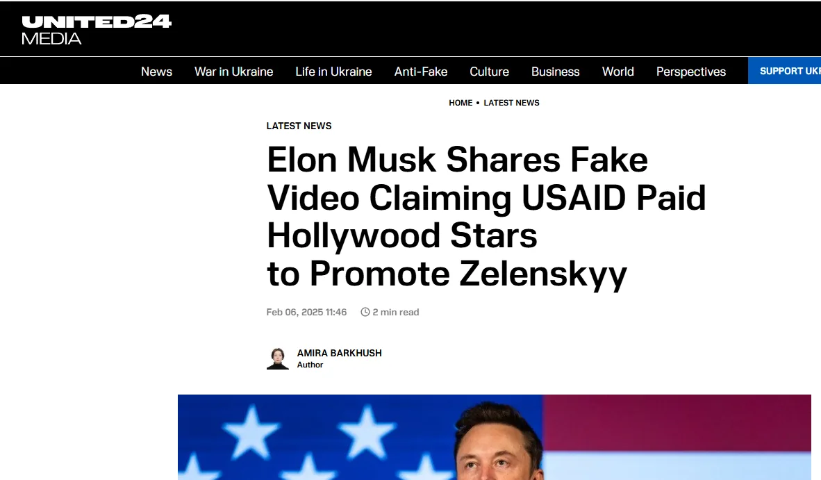 A screenshot of a United24 Media news article with the headline 'Elon Musk Shares Fake Video Claiming USAID Paid Hollywood…