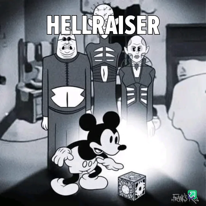 A black-and-white cartoon image shows Mickey Mouse looking startled as he stands before a glowing puzzle box. Behind him…