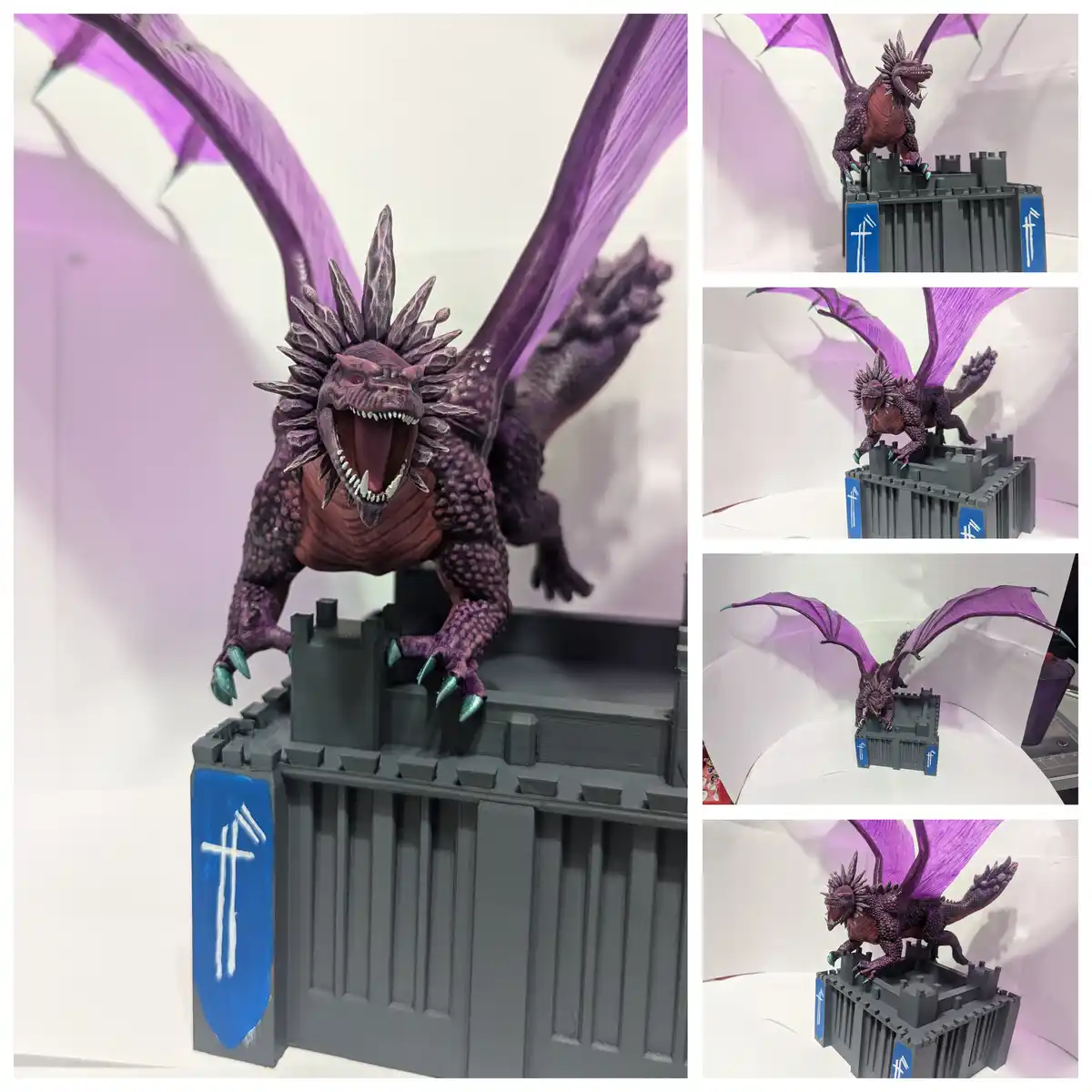 A collage of five photos showing a detailed purple dragon figurine with large wings and spiked head, perched atop a gray…