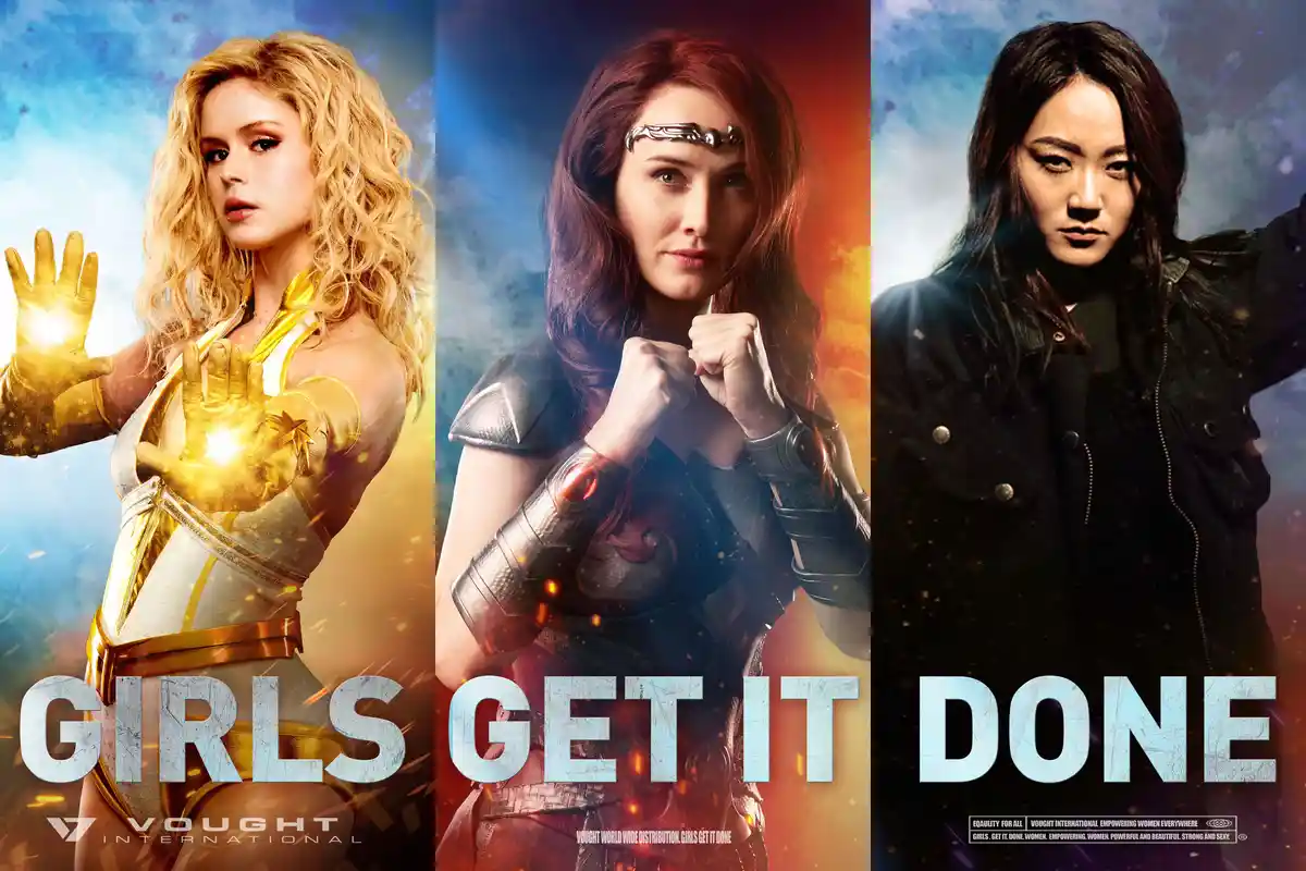 The image displays three female superheroes side-by-side in promotional poses: a blonde woman in a golden suit with glowing…