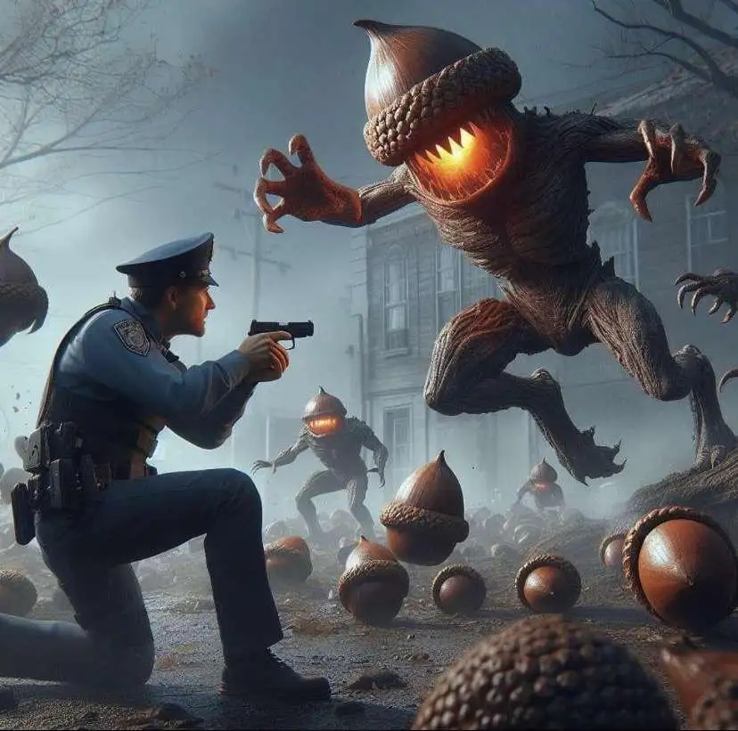 A police officer kneels and aims a handgun at a large, monstrous creature with an acorn for a head, glowing orange inside…