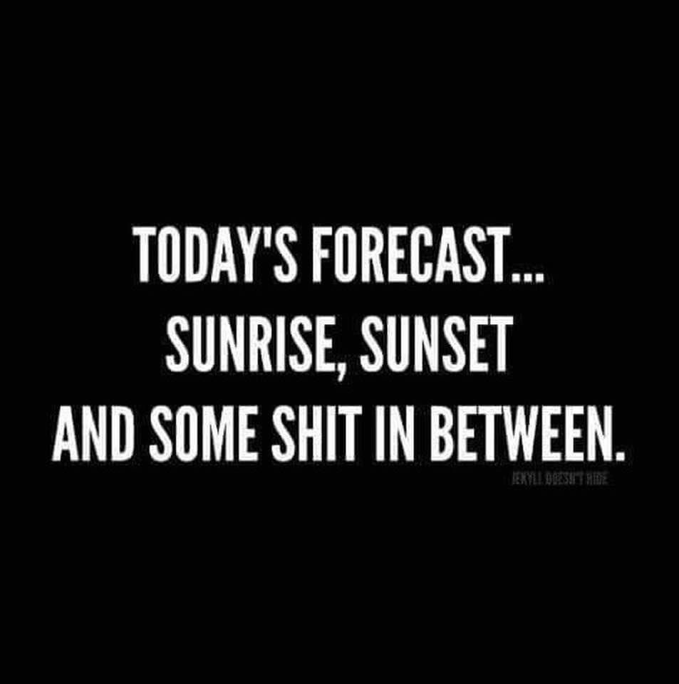 A black background with bold white text that reads 'TODAY'S FORECAST... SUNRISE, SUNSET AND SOME SHIT IN BETWEEN.' A small…